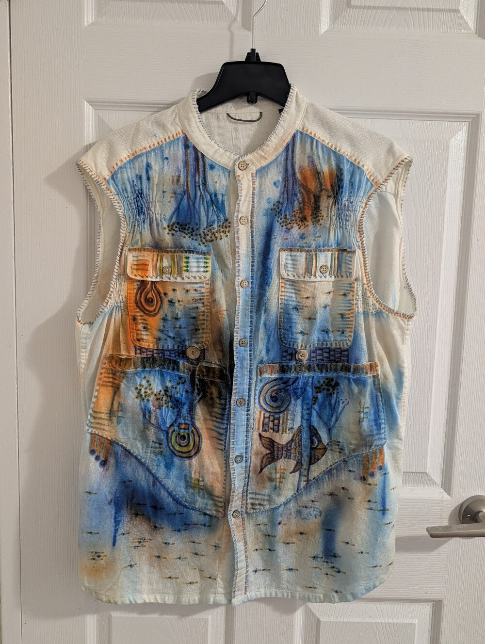 Royal Robbins Wearable Art Organic Cotton Fish Embroidered Y2K Retro Boho Vest L